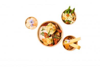 Burrata, focaccia snackée,...