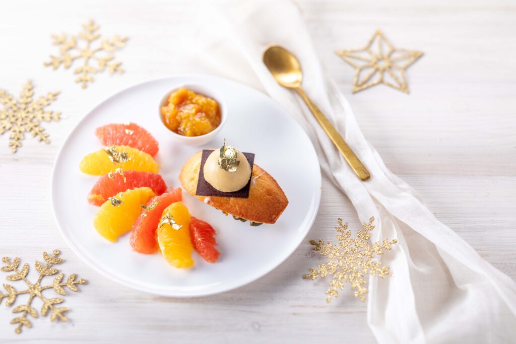 Dessert madeleine agrumes chocolat pistache